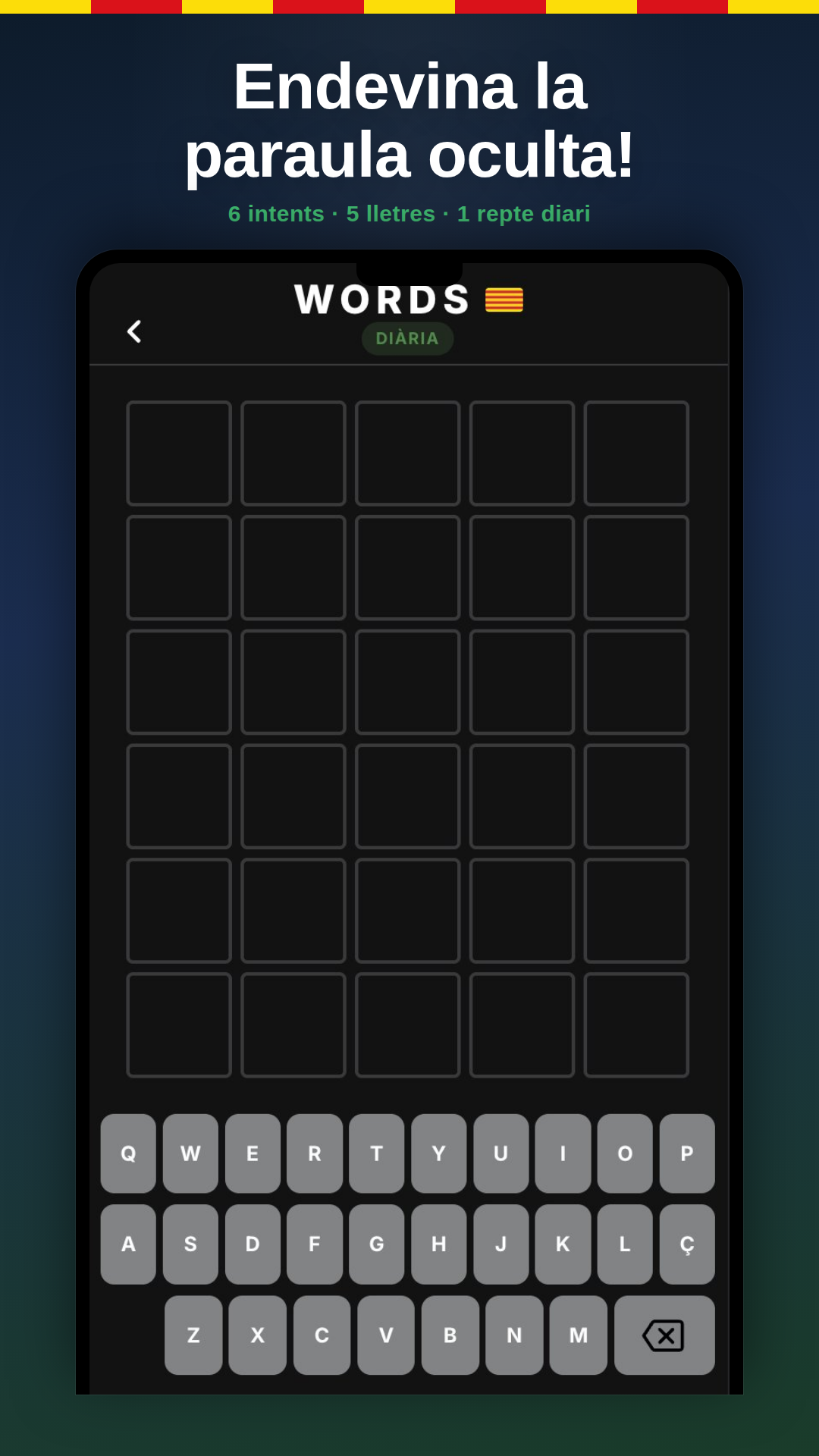 Wordle Català app: tauler de joc amb 6 intents i teclat integrat