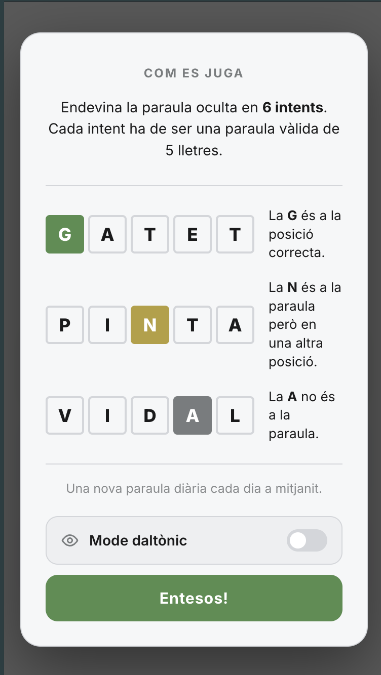 Partida en curs a l'app de Wordle Català mostrant intents amb lletres en verd i groc